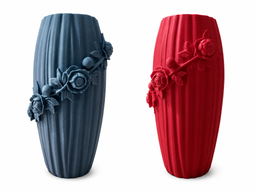 lot de 2 vases Vases en céramique, un bleu, un rouge, ornés de fleurs en relief.